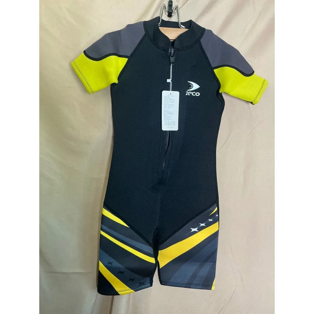 ZCCO Shorty Wetsuit Kids Size L Black Yellow NEW 2.5mm Neoprene KS305 Front Zip